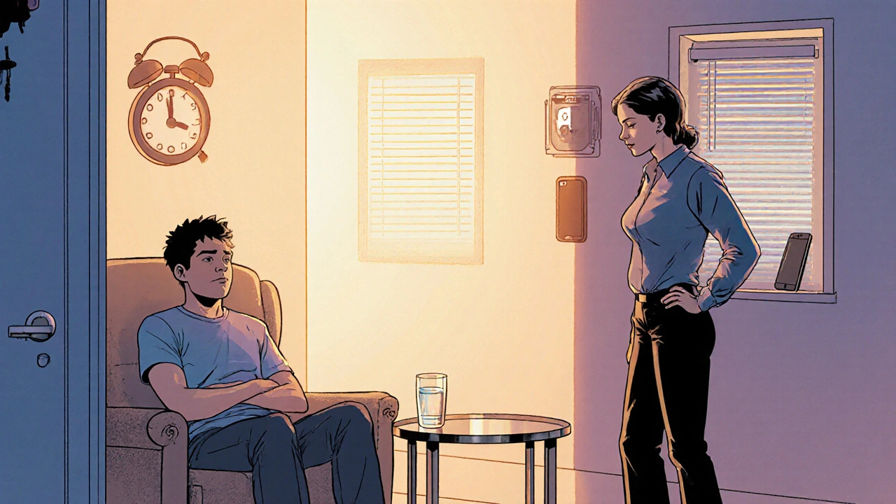 A quiet room with soft lighting where both people sit relaxed and at ease.
