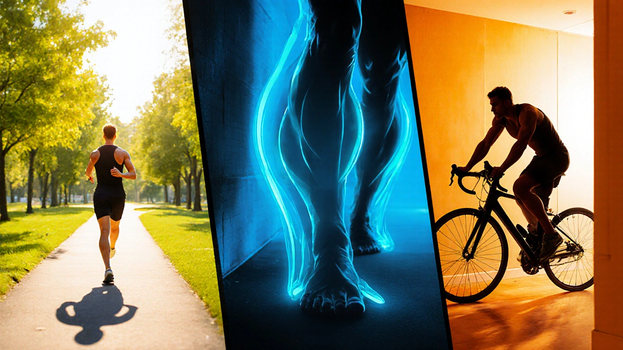 Comic montage of walking, stretching, cycling, and yoga exercises for RLS relief.