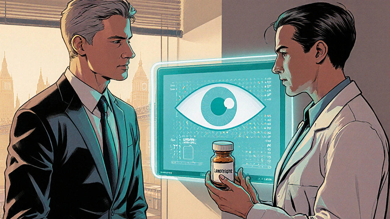 Doctor and patient discussing eye exam and medication adjustment in clinic.