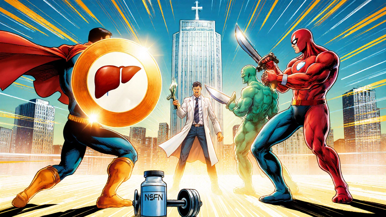 Doctor superhero shielding liver while confronting NSAID villains and showing safer alternatives.