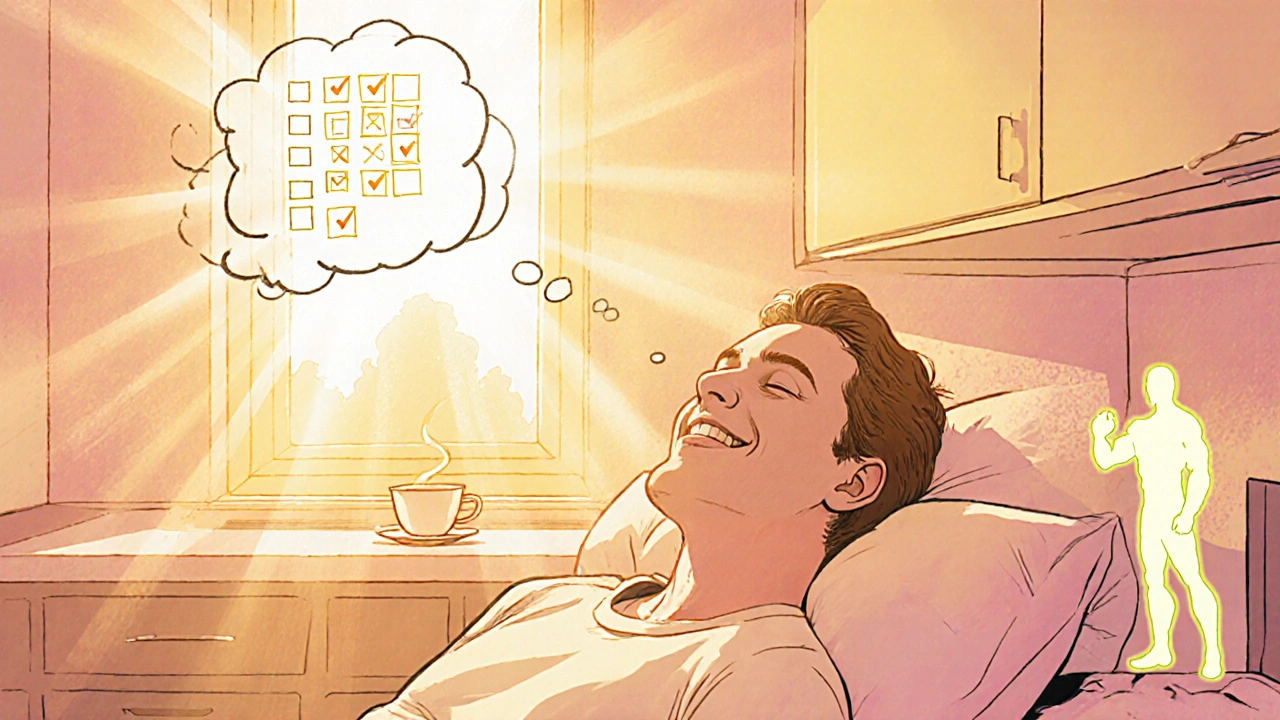 Happy individual enjoying a bright morning after a regular exercise routine.
