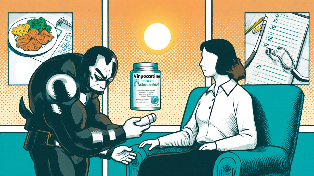 Hero gives capsule to patient; panels show meal, journal, and doctor review.