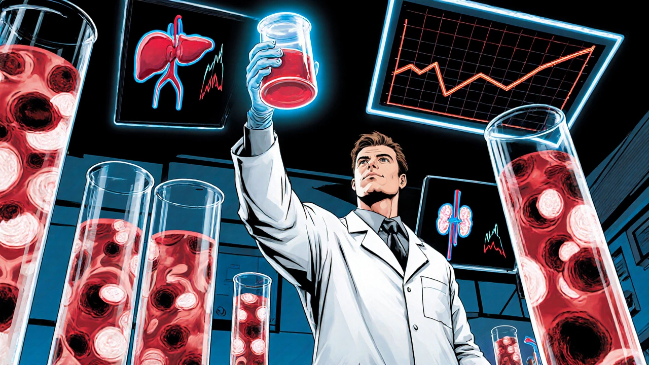 Lab technician examines blood sample with glowing tubes and animated test monitors.