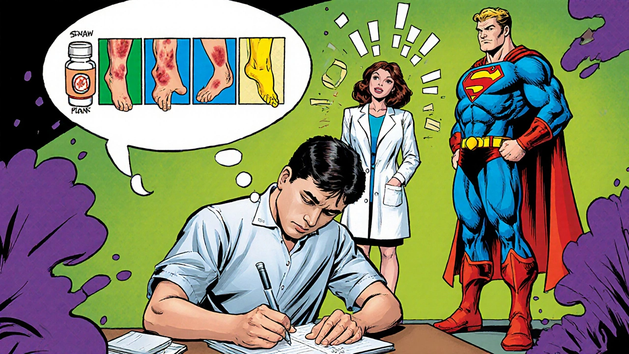 Patient logs symptoms at home while doctor and pharmacist plan dosage adjustment.