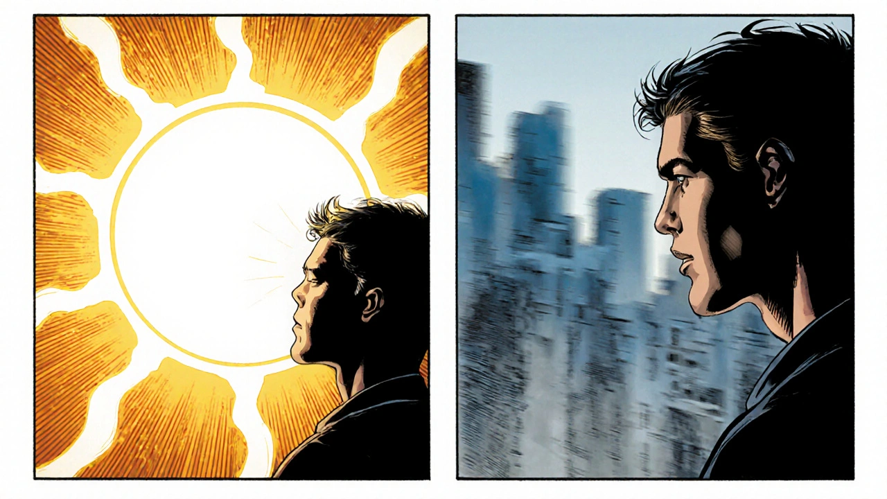 Person experiencing blurred and double vision with bright light, comic style.