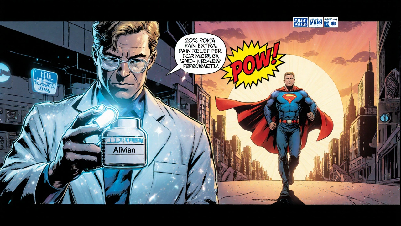 Scientist examines weekly Alivian capsule; patient moves freely with superhero cape.