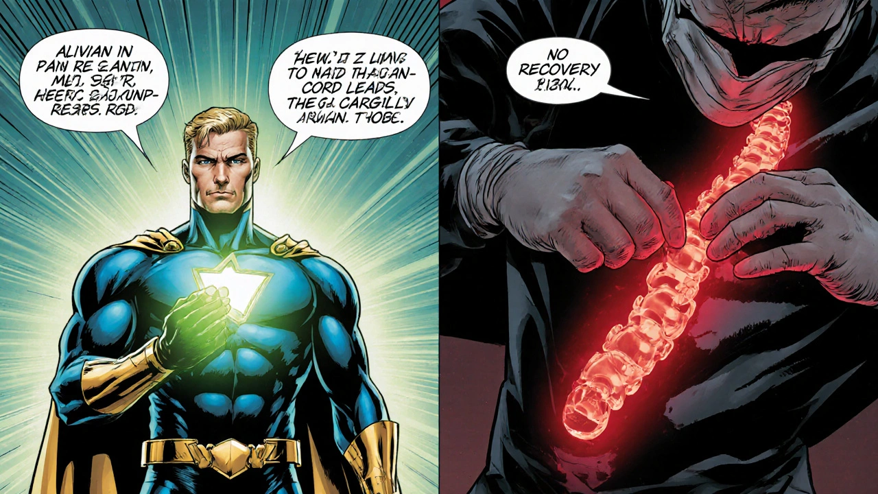 Side‑by‑side comic panels: hero holding Alivian tablet versus dark surgery scene.