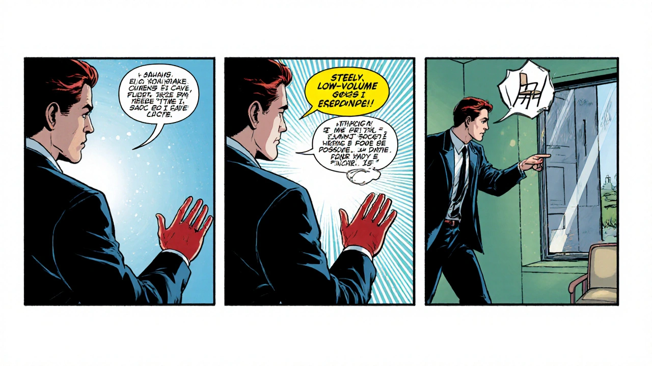 Three comic panels showing pause, steady voice, and offering calm choices.