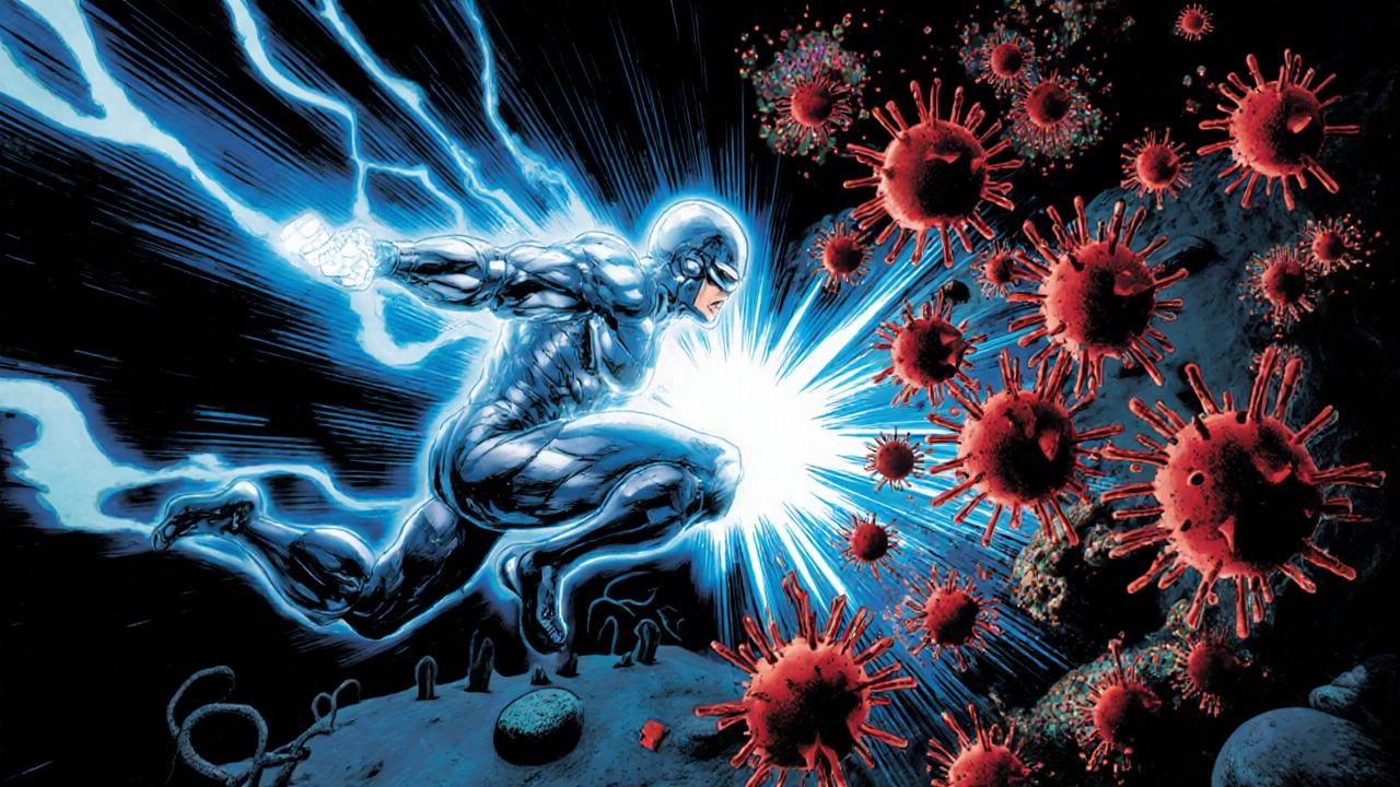 Acivirax pill hero battling red virus particles inside a cell with bright energy blasts.