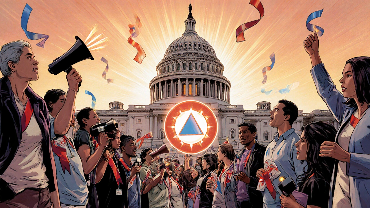 Advocates rallying before a Capitol building with a bright Aclarex pill emblem.