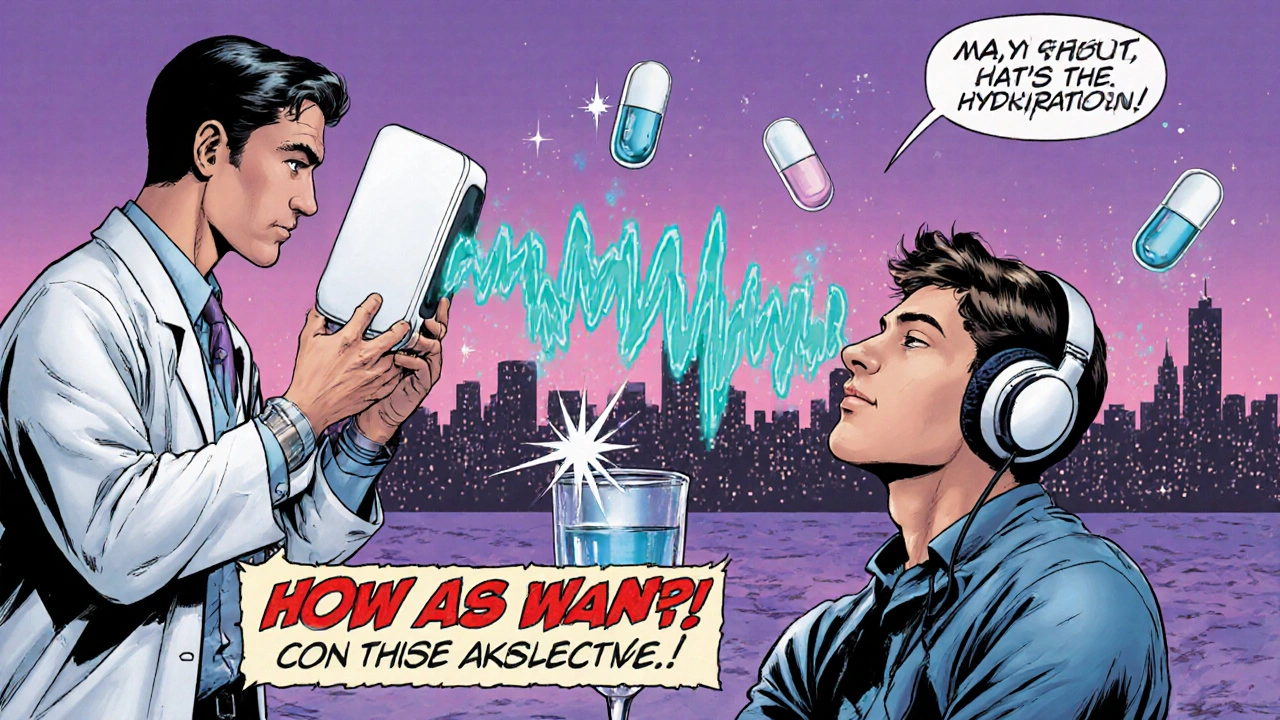 Audiologist using sound therapy, water glass, and alternative antiviral pills for relief.