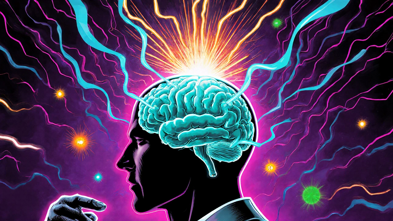 Brain illustrated as a battlefield with glowing neurotransmitter streams and a heroic Acetoflux figure.