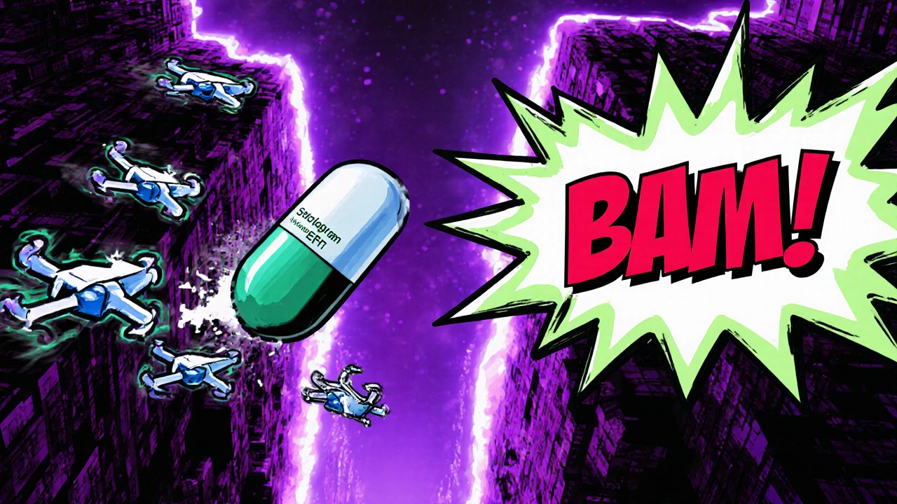 Citalopram capsule blocks serotonin transporter at a neonâlit brain synapse.