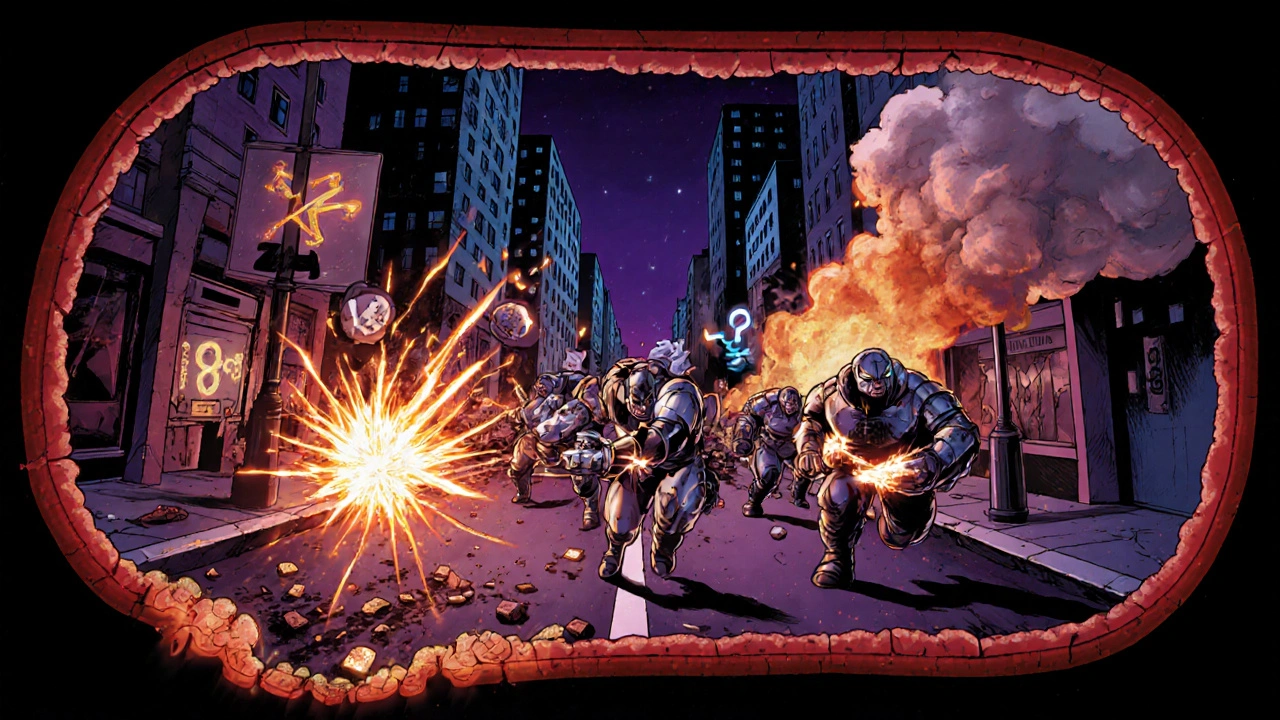 Comic battle inside a vessel shows aggressive platelets fighting fiery sugar spikes and debris.