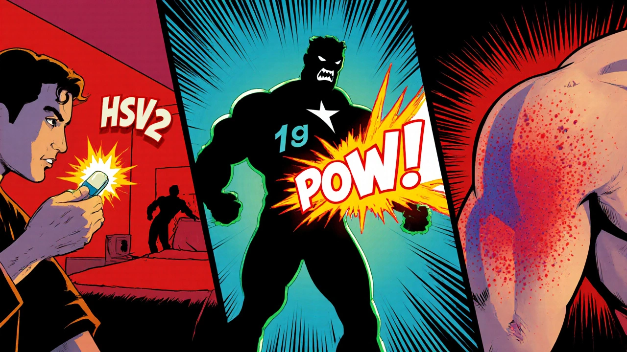Comic panels showing Valacyclovir treating cold sores, genital herpes, and shingles.