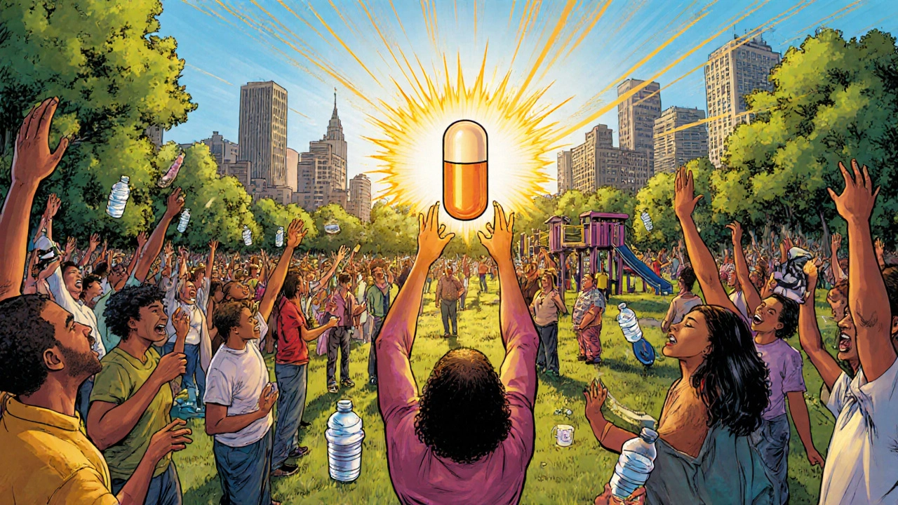 Community celebrates quitting smoking in a clean park, holding glowing varenicline pill and reusable items.