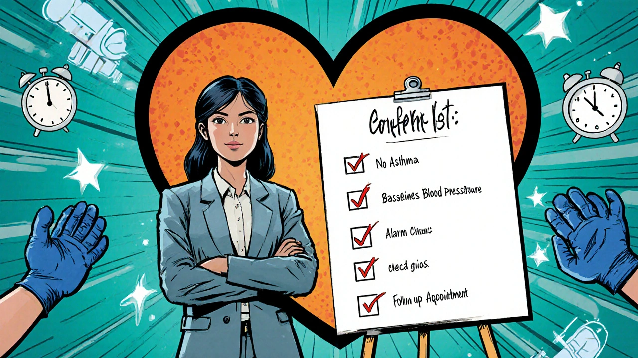 Confident patient standing beside a checklist of health icons, with heart emblem background.