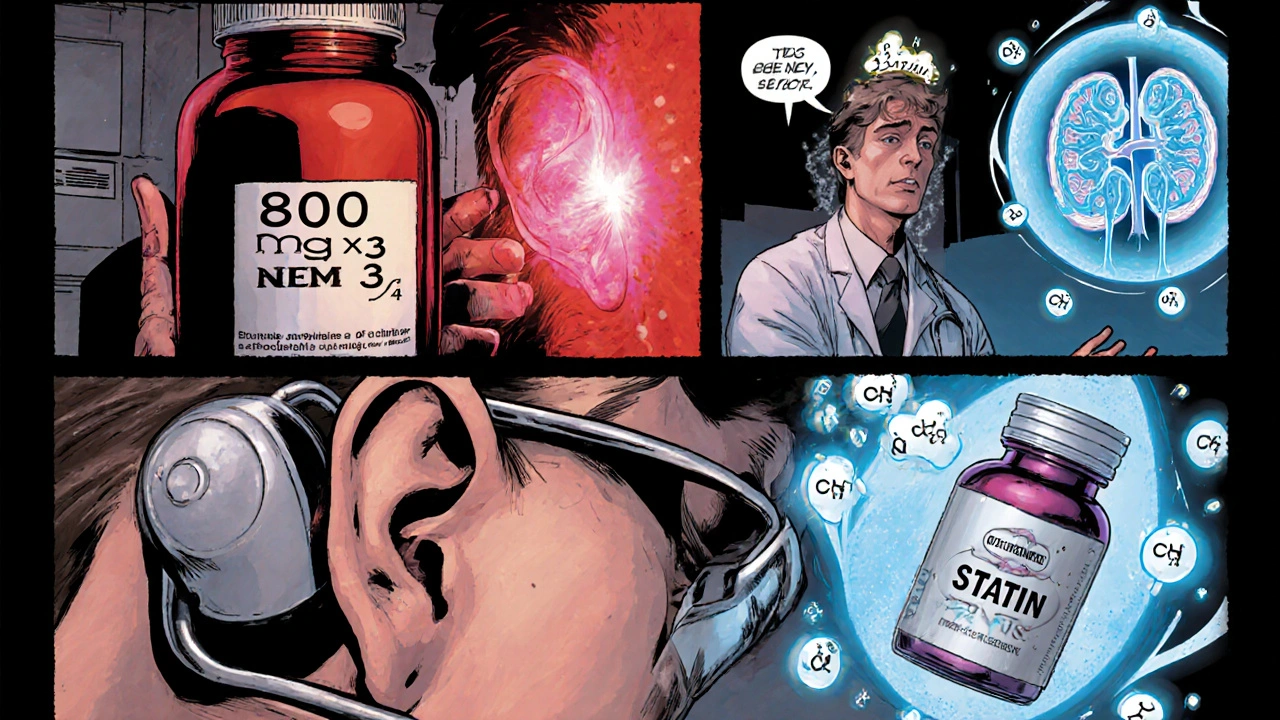 Doctor examining risk factors: high dose pill, inflamed ear, kidneys, and CYP3A4 symbols.