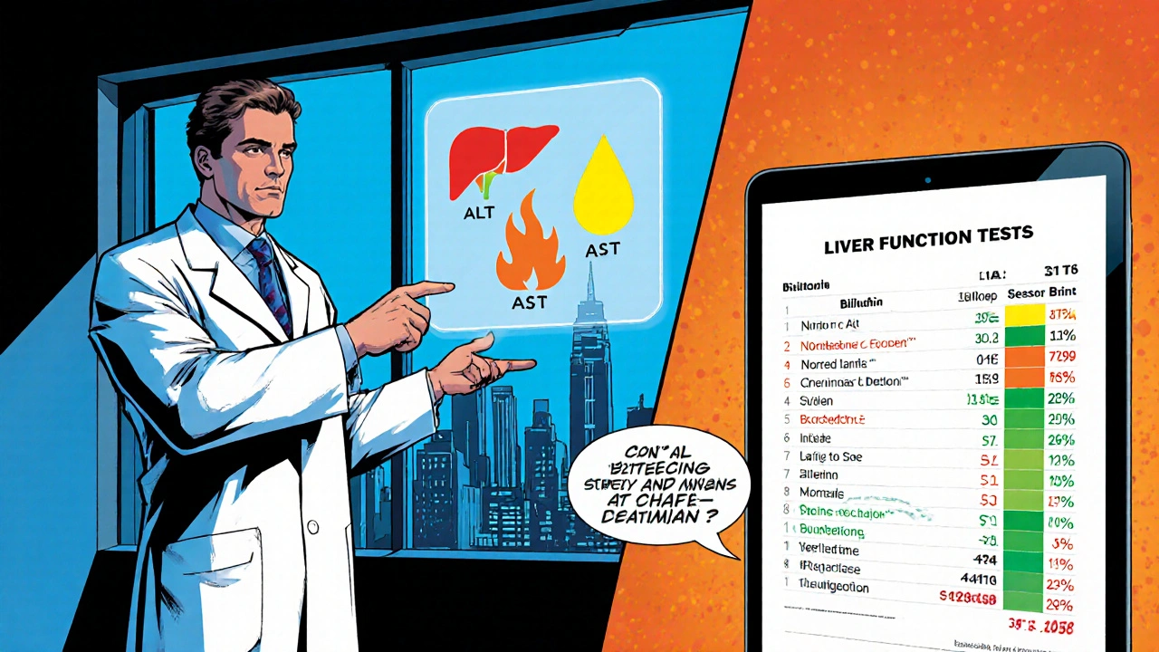 Doctor points at liver test icons while a lab report shows highlighted values.