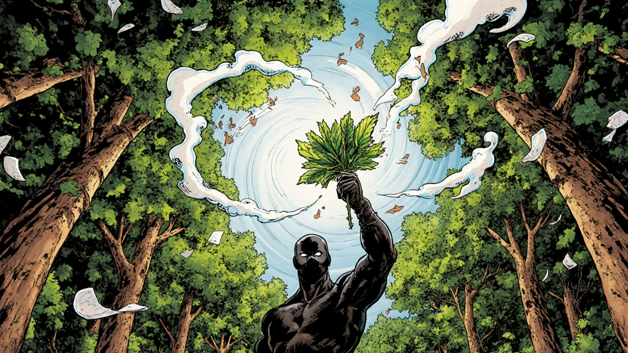 Eco‑hero transforms cigarette smoke into leaves as a forest regrows over former tobacco fields.