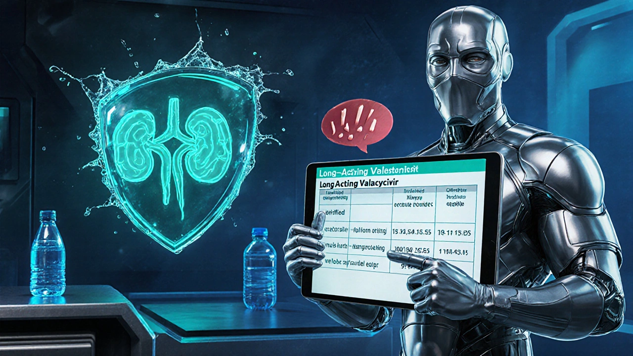 Futuristic comic scene with a hero showing a long‑acting implant and kidney safety.