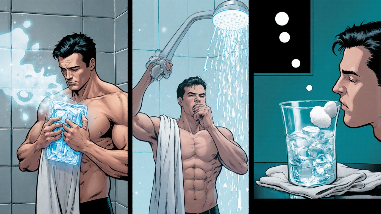 Hero applying an ice pack, taking a cool shower, gargling ice water, and using a chilled compress in comic panels.