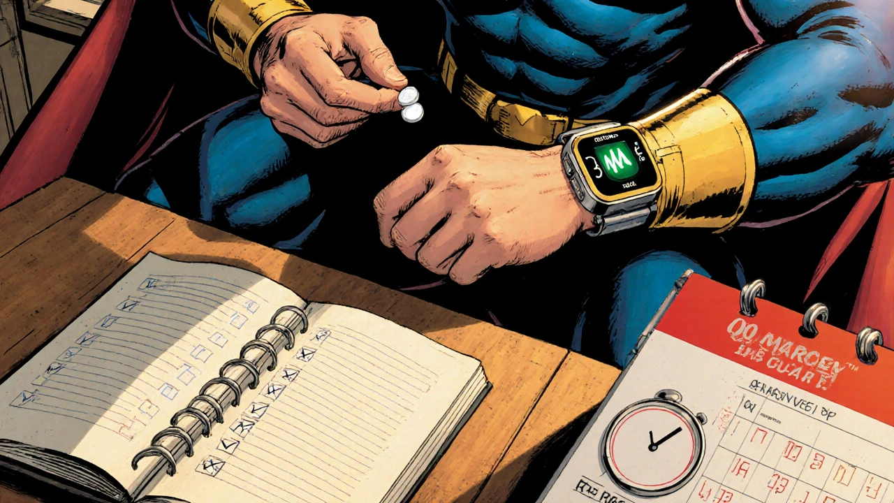 Heroic figure checking pulse on wrist monitor, holding a tablet with a diary and calendar.