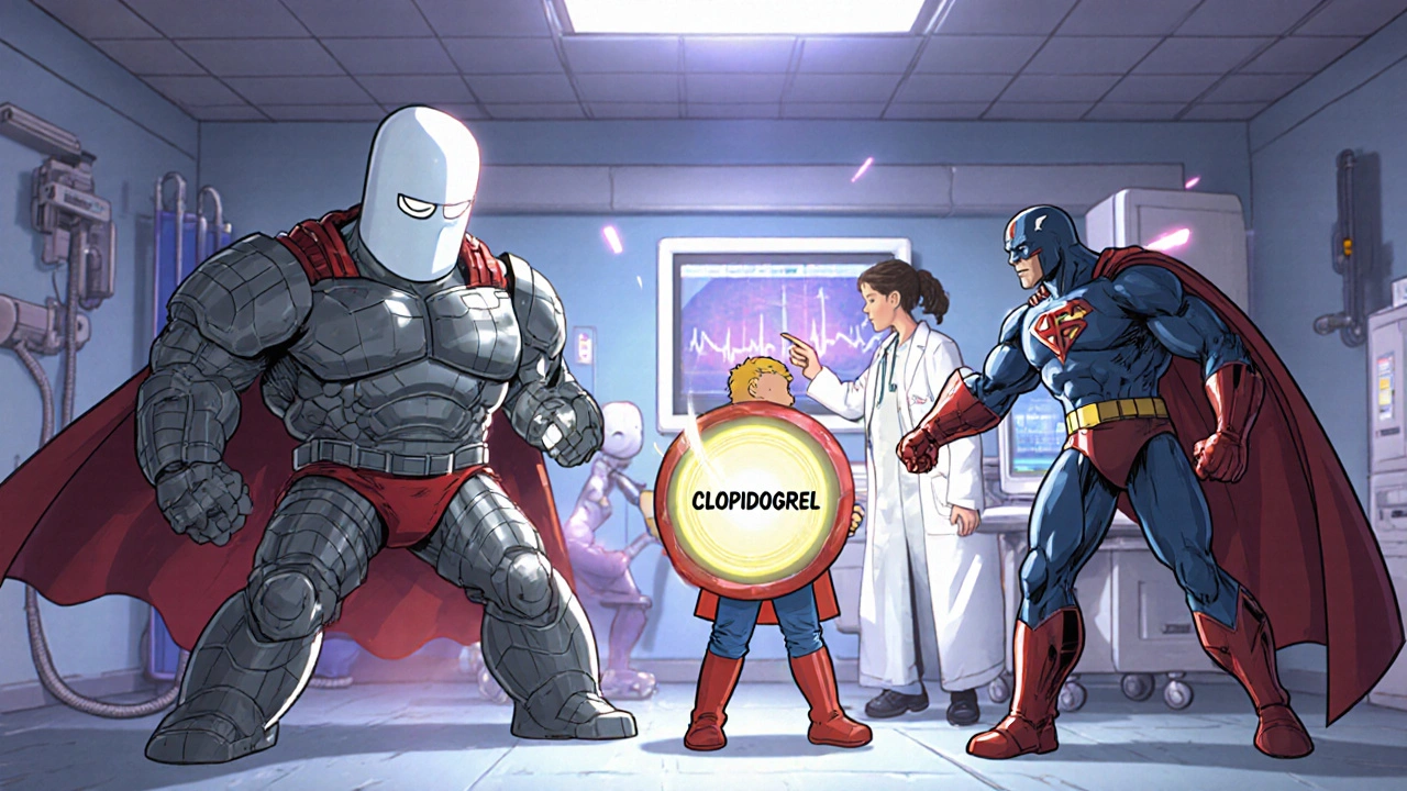 Heroic pill characters Ticlopidine and Clopidogrel stand before a child with a safety shield.