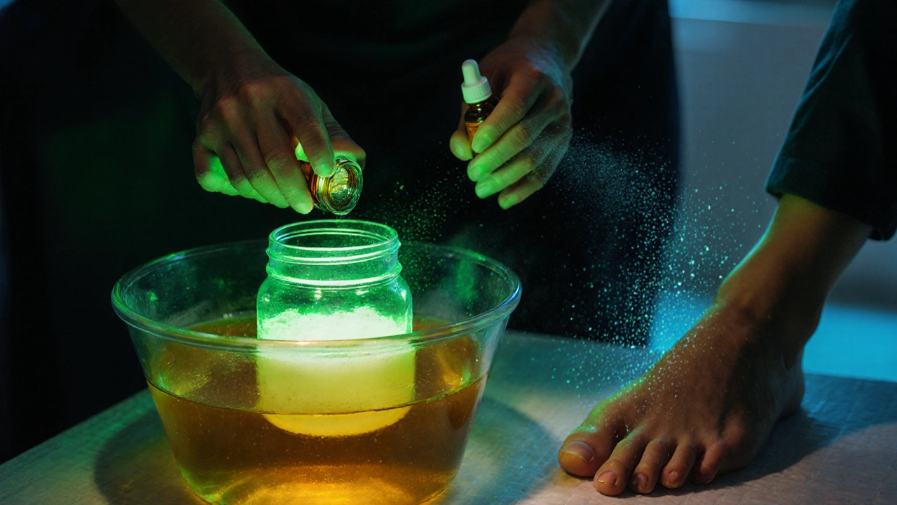 Home bathroom DIY lab: mixing tea tree and coconut oil, vinegar foot soak, and spritzing shoes with eucalyptus oil.