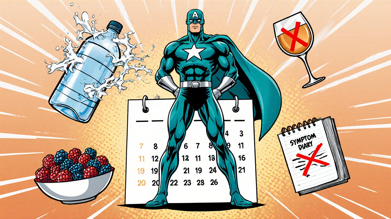 Liver Guardian hero with calendar, water, berries, and diary encouraging liver care.