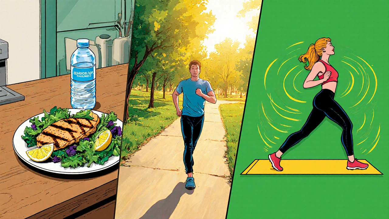 Low‑salt meal, walking, and yoga poses shown in bright comic panels.