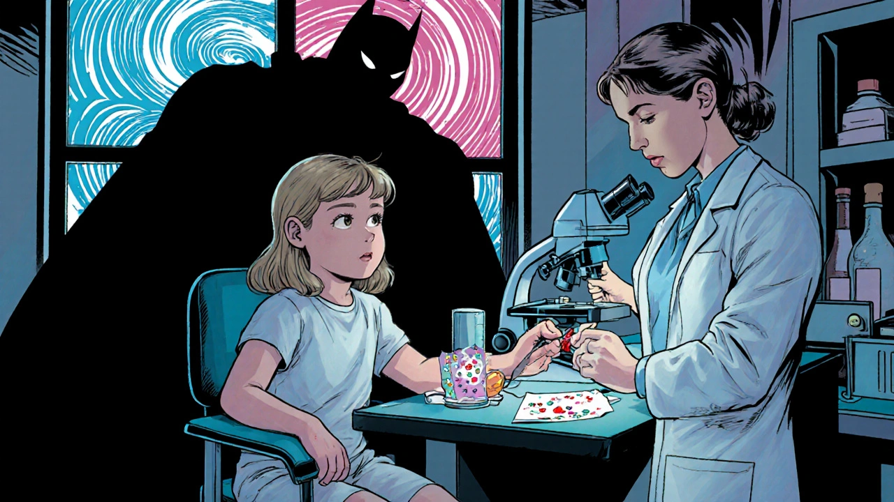 Nurse draws blood from a child while doctor reviews low neutrophil cells.