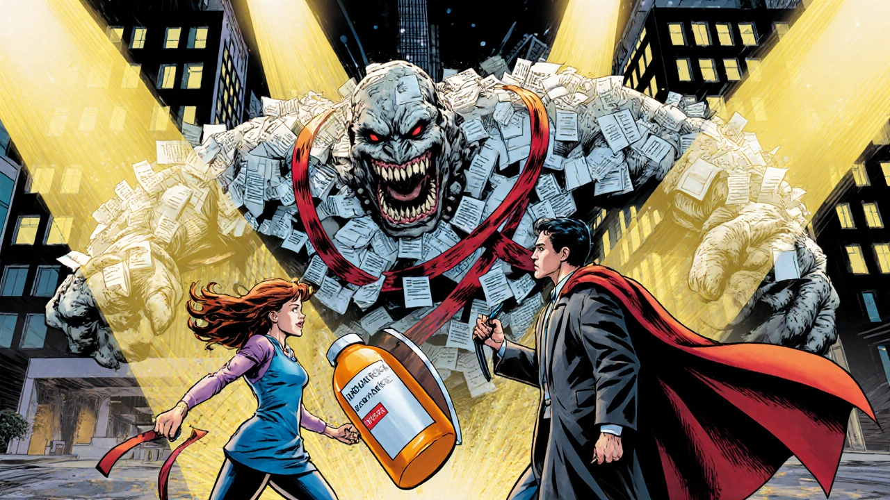 Patient and doctor battling a towering insurance monster made of paperwork.