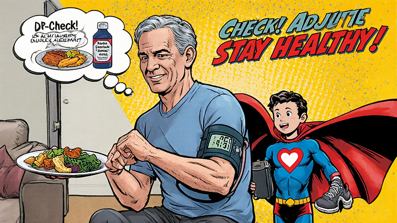 Patient checking blood pressure at home with a superhero sidekick offering low‑salt food and medication reminders.