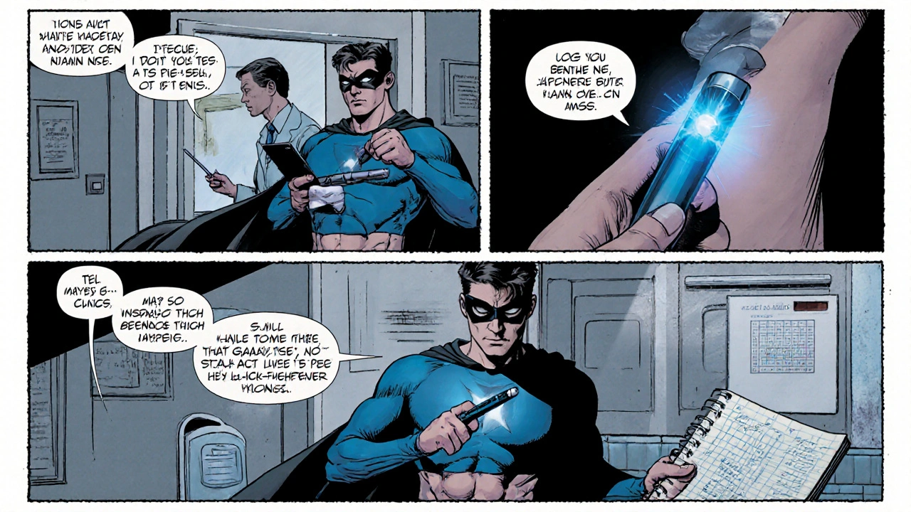 Patient superhero sets weekly reminder, rotates injection sites, and logs data with doctor in background.
