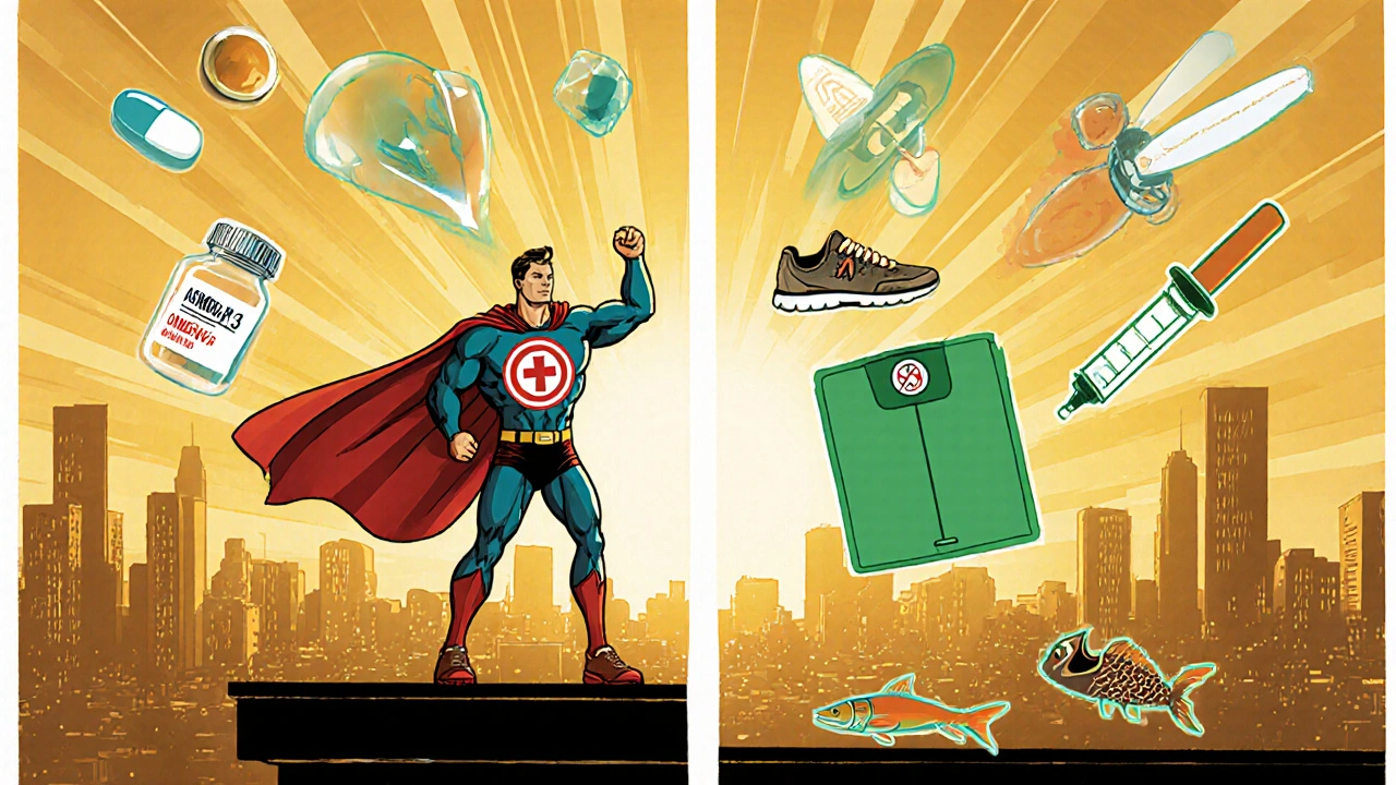 Patient superhero stands on a rooftop with medication crystals and lifestyle icons glowing.