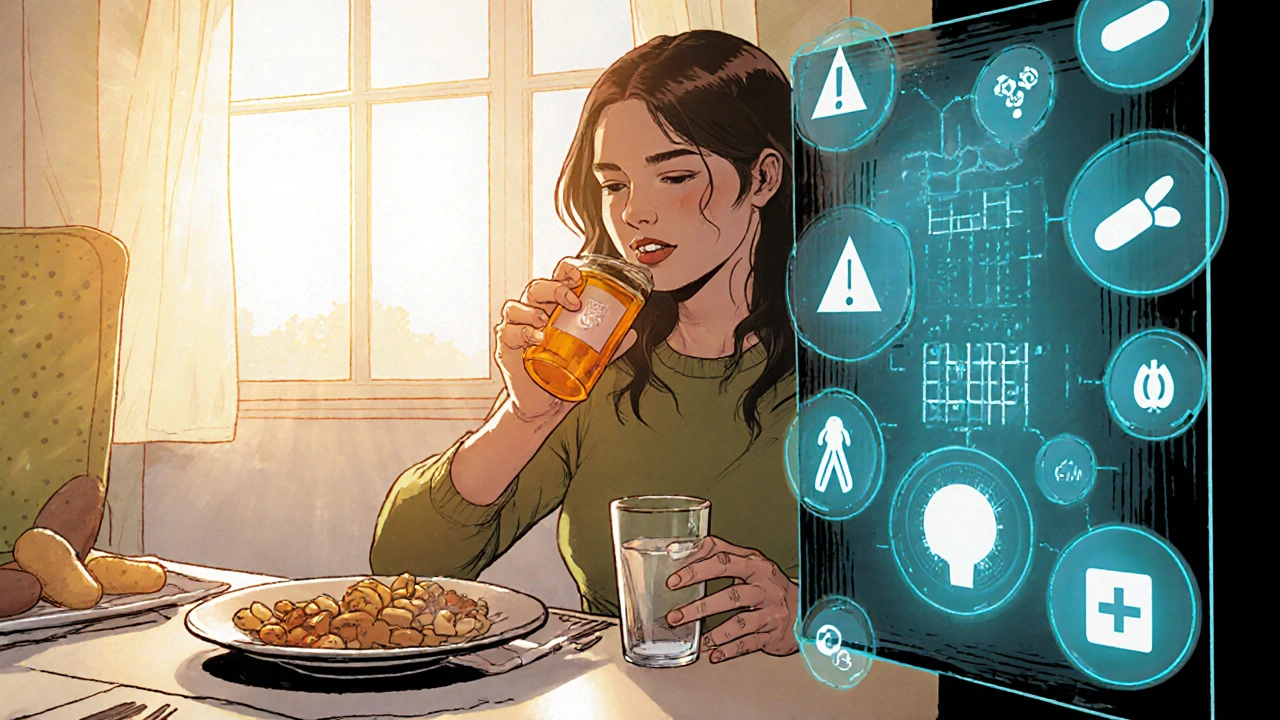 Person takes pill before breakfast, holographic tracker monitors symptoms, guardian watches for side effects.