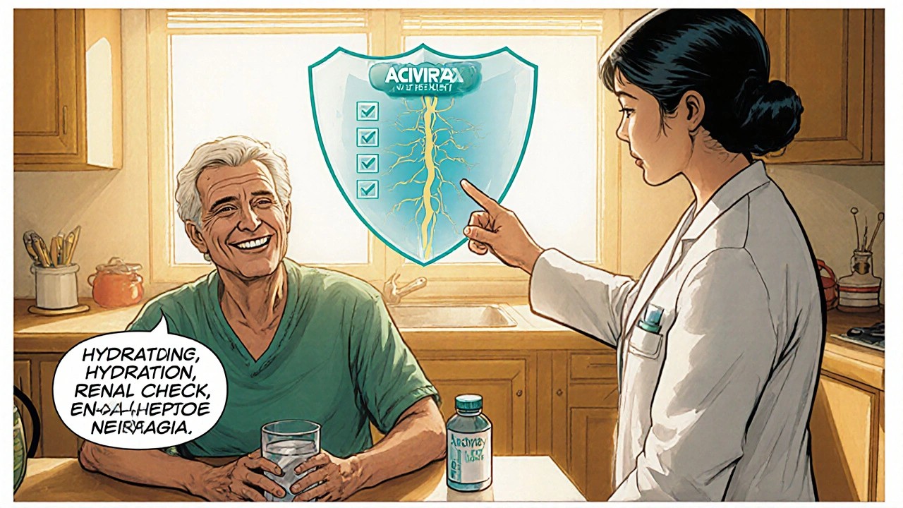 Recovered patient drinking water, doctor pointing to health checklist, shield protecting nerve.