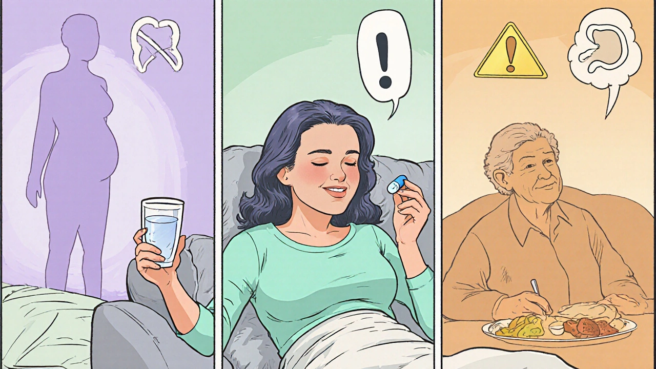 Relaxed heroine with heating pad, ibuprofen tablet, and caution icons for safety.