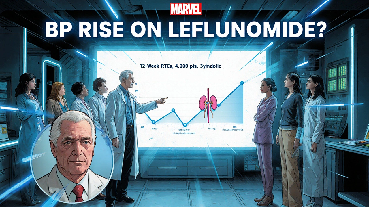 Researchers reviewing a holographic chart showing a 3 mmHg BP rise on Leflunomide, highlighting at‑risk patients.
