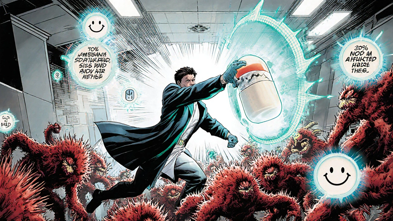 Scientist hero battles red prostaglandin monsters with a glowing ibuprofen capsule.