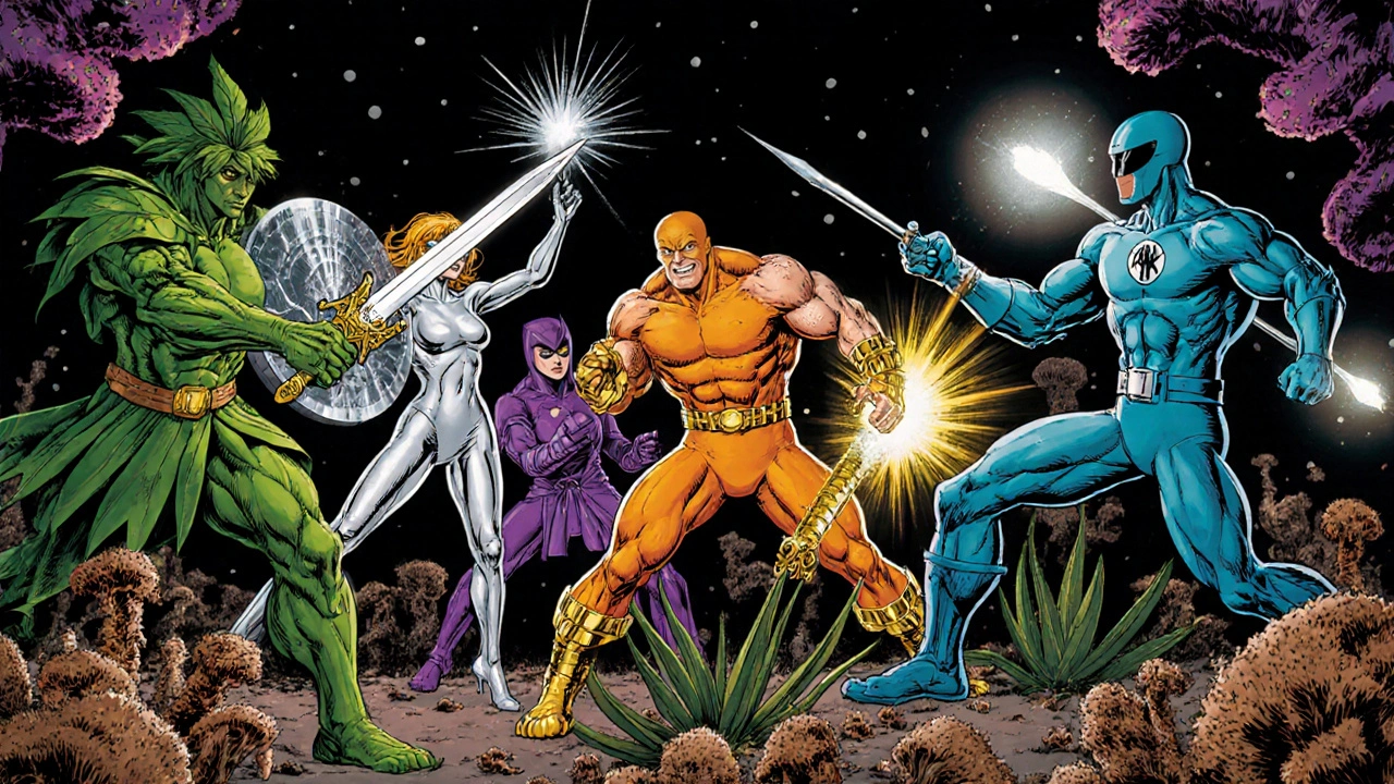 Seven superhero characters representing natural antifungal ingredients battle fungal spores.