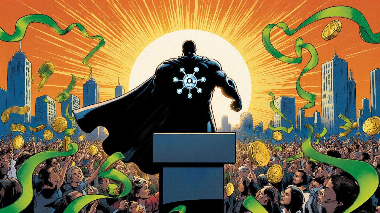 Superhero Atazanavir leading a crowd of advocates and donors under a hopeful sunrise.