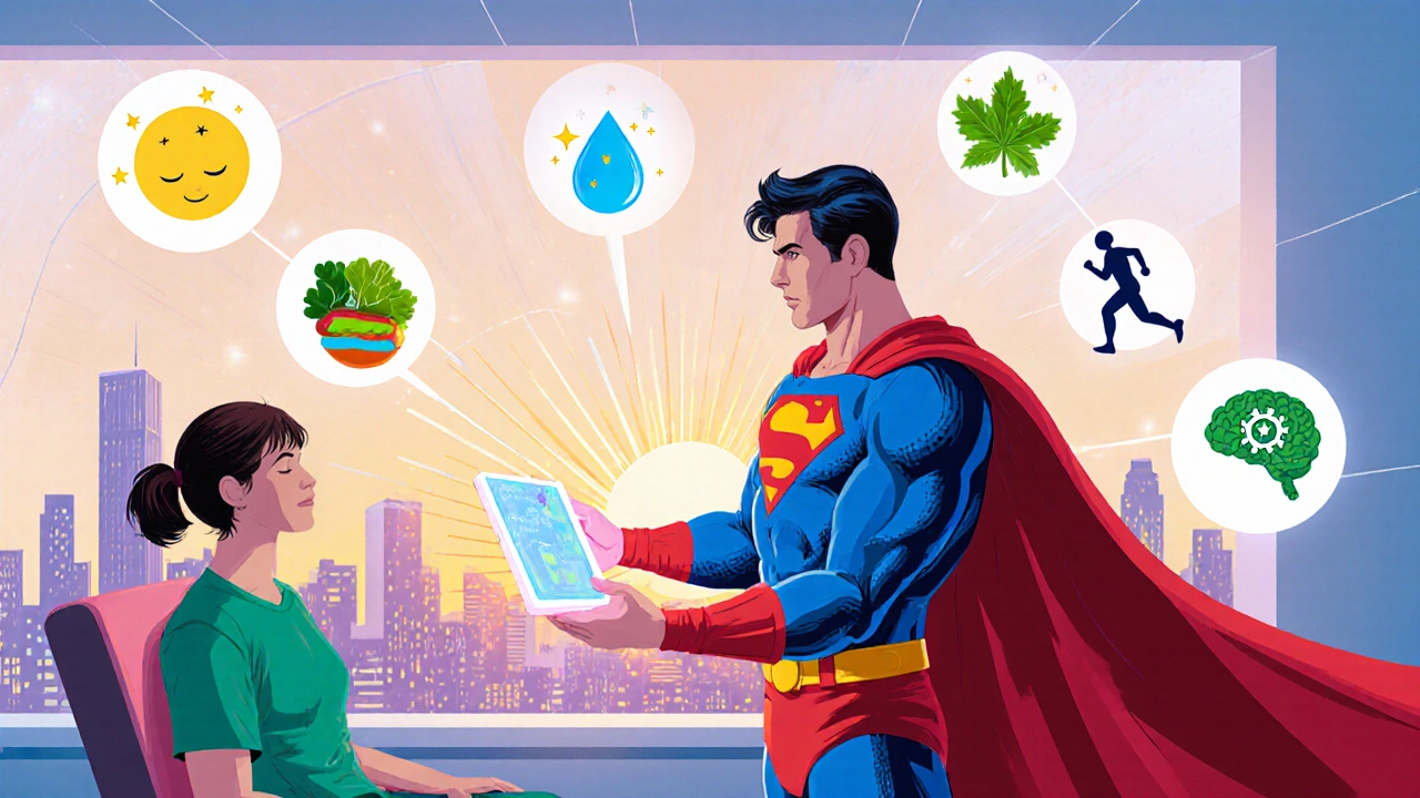 Superhero doctor offering health tracker amid icons for sleep, water, food, exercise, and CBT.
