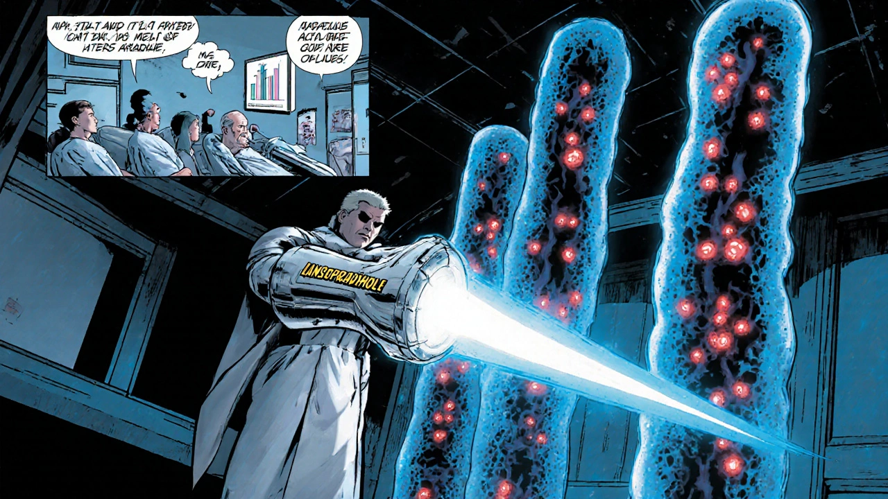 Superhero in lab coat disables stomach acid pumps with blue energy, trial insets hinting at modest relief.