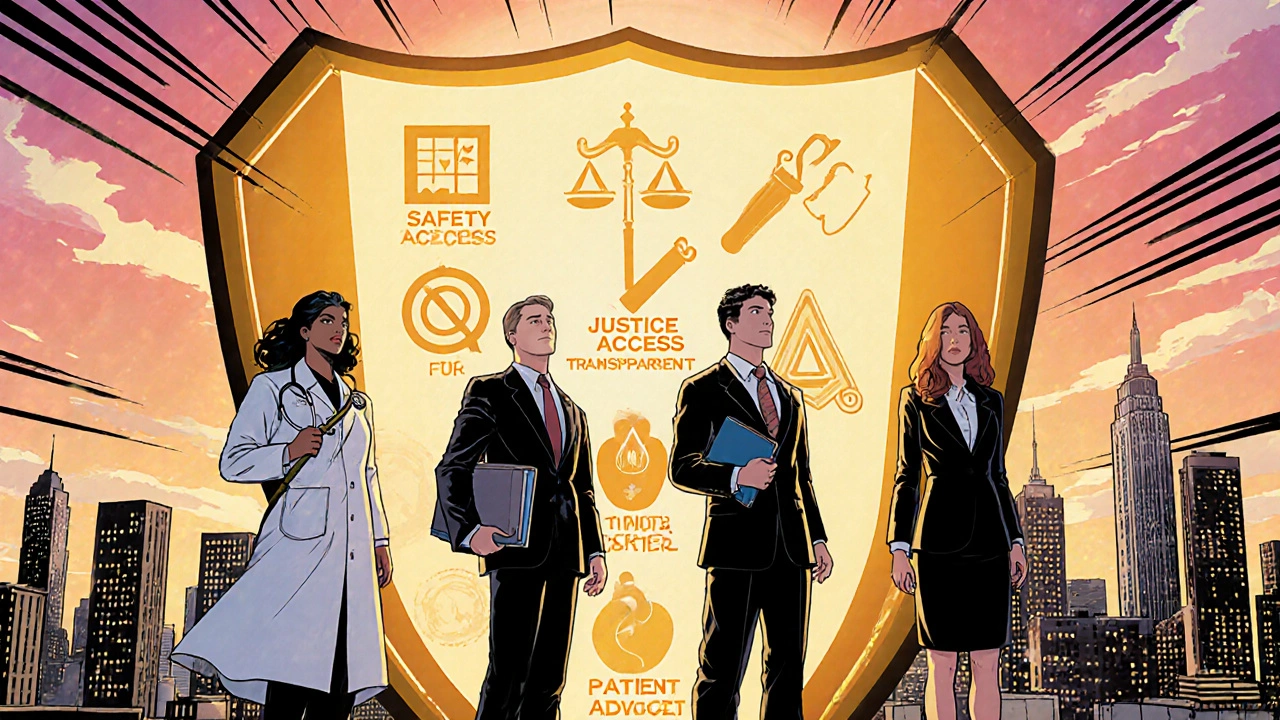 Team of healthcare heroes united with symbols of safety, justice, and access.