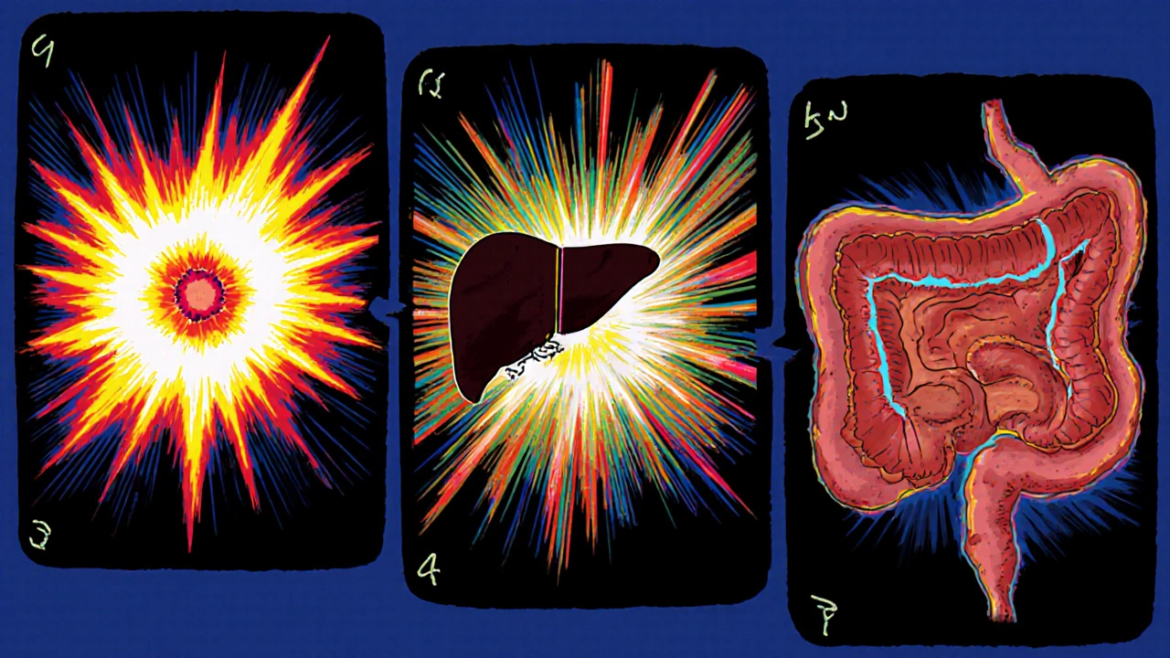 Three comic panels show Acalix boosting insulin, stopping liver glucose, and slowing stomach emptying.