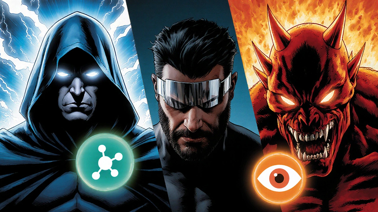 Three headache villains with serotonin and cortisol symbols linking to mental health.