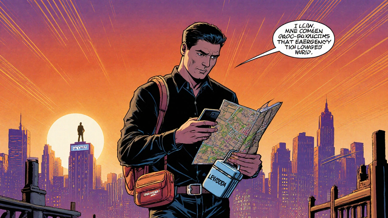 Traveler checking alarm phone, mini cooler, and city map abroad.