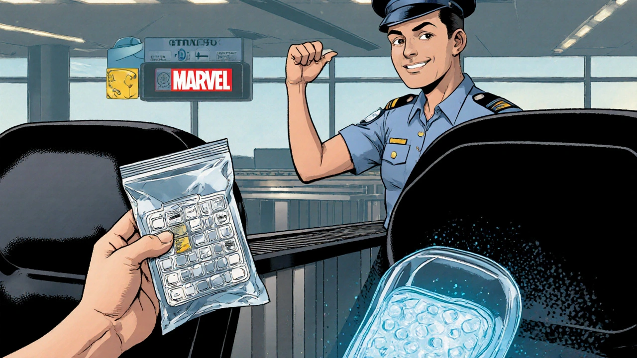 Traveler showing medication bag at airport security with insulated pouch.